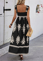 2026 NEW SUMMER Palace Style Printed Square Neck Dress, Elegant Lace Printed Hem, Soft Elastic Body Shaping, Slip Dress, Sleeveless Dress, Suitable For SUMMER, Women's Wear