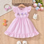 Toddler Girl's Bunny Embroidered Dress, Round Neck Short Sleeve A-Line Dress With Back Button Closure