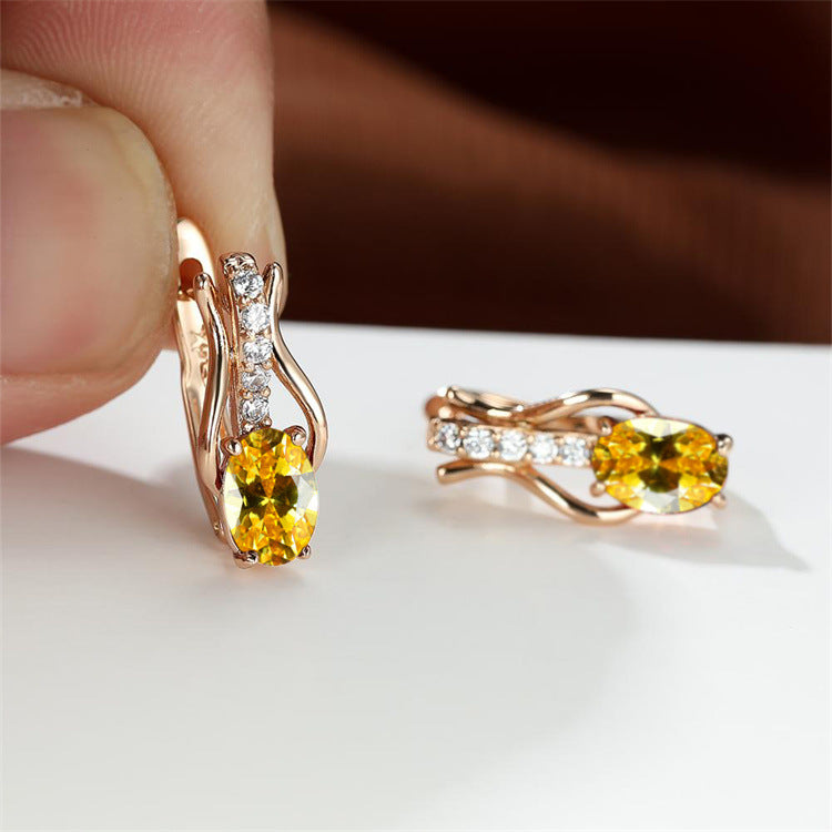 Oval Garnet Crystal Champagne Gold Ear Clips For Women