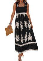 2026 NEW SUMMER Palace Style Printed Square Neck Dress, Elegant Lace Printed Hem, Soft Elastic Body Shaping, Slip Dress, Sleeveless Dress, Suitable For SUMMER, Women's Wear