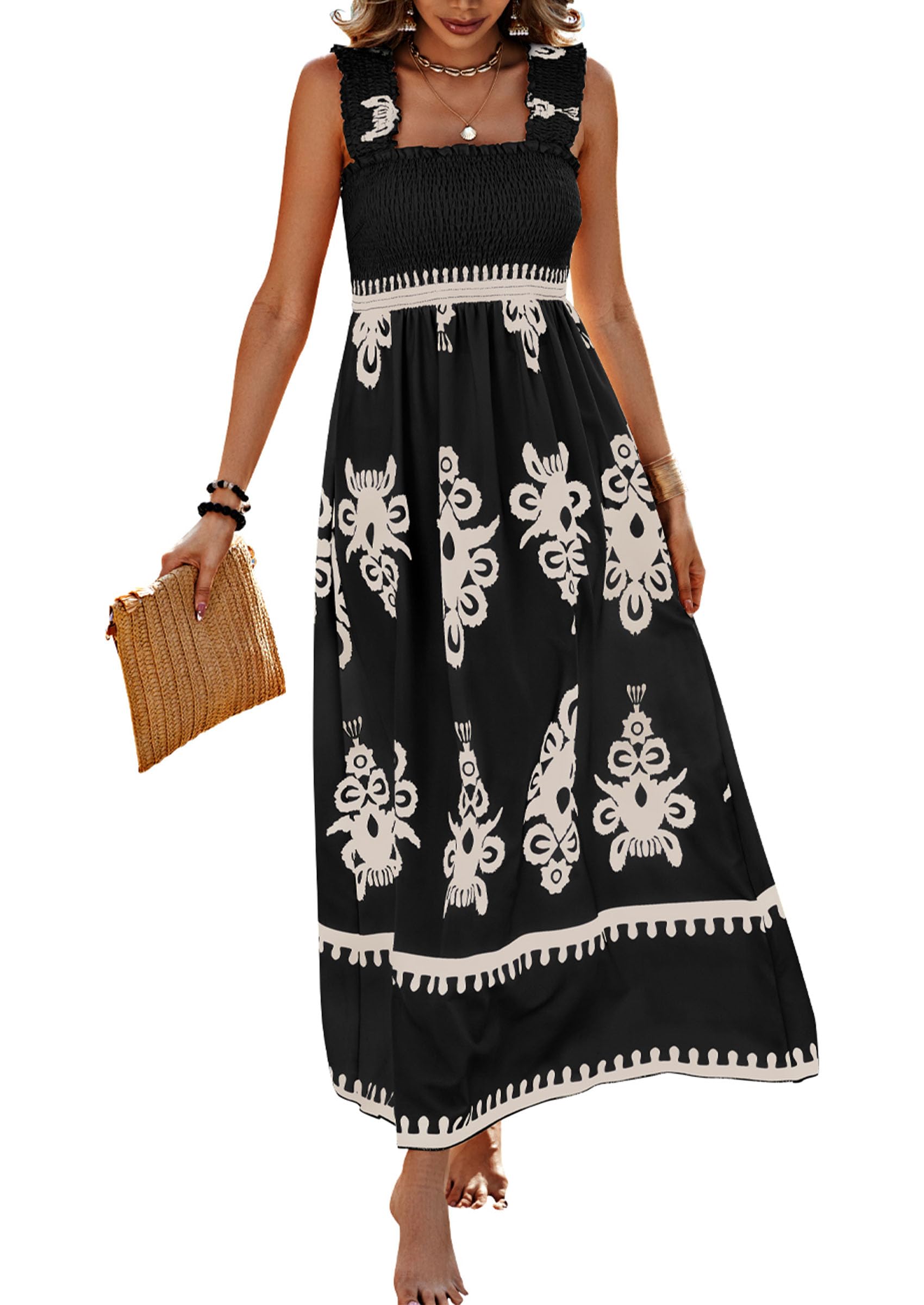 2026 NEW SUMMER Palace Style Printed Square Neck Dress, Elegant Lace Printed Hem, Soft Elastic Body Shaping, Slip Dress, Sleeveless Dress, Suitable For SUMMER, Women's Wear