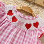 Infant Baby Girls' Valentine's Day Dress Pink Plaid With Heart Embroidery, Smocked Ruffle Sleeves