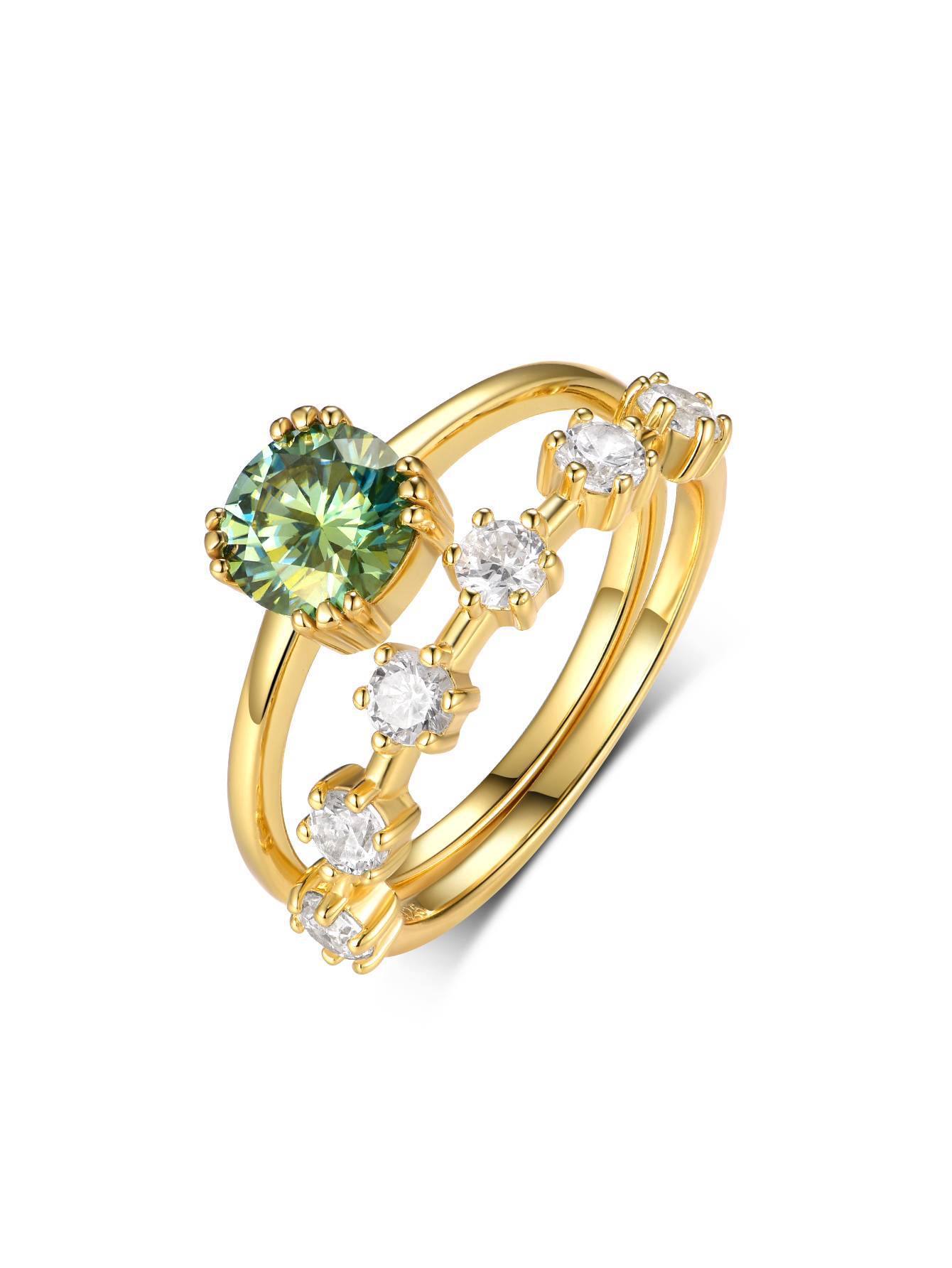 S925 Silver Green Center Stone Full-Set Moissanite Vintage Stacking Ring