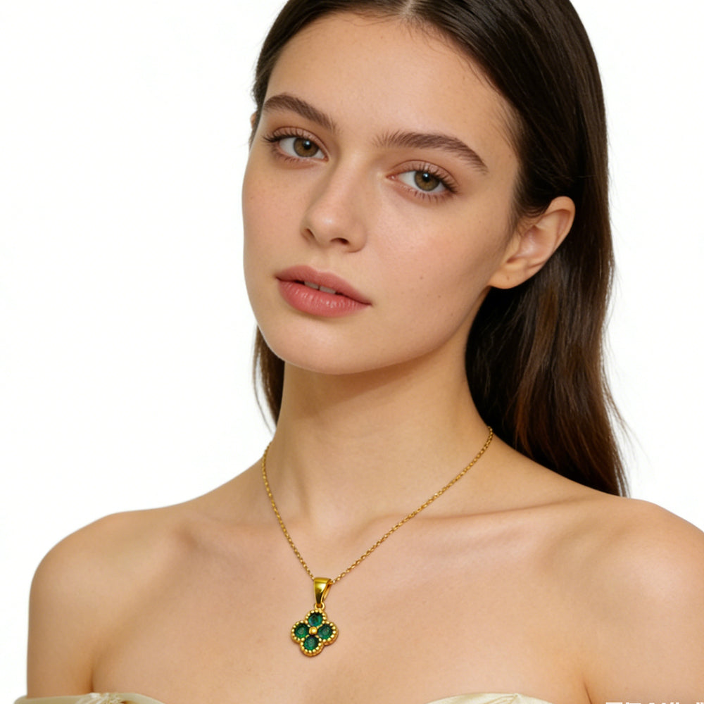 Green 4 Leaf Clover 24K Gold Necklace For Women, Lucky Pendant Chain Necklace Jewelry