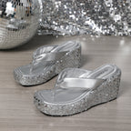 High Heels Wedge Sandals With Sequins Shiny Height Increasing Platform Flip Flops Women's Thick Bottom Shoes Beach Summer
