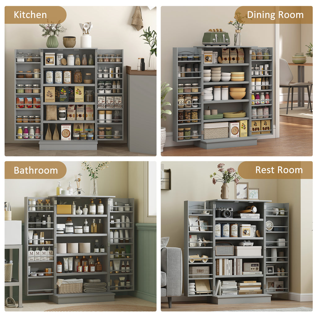 Gray Pantry Cabinet, 5-Tier Adjustable Storage for Kitchen, 12 Door Shelves, Double Doors, Gray