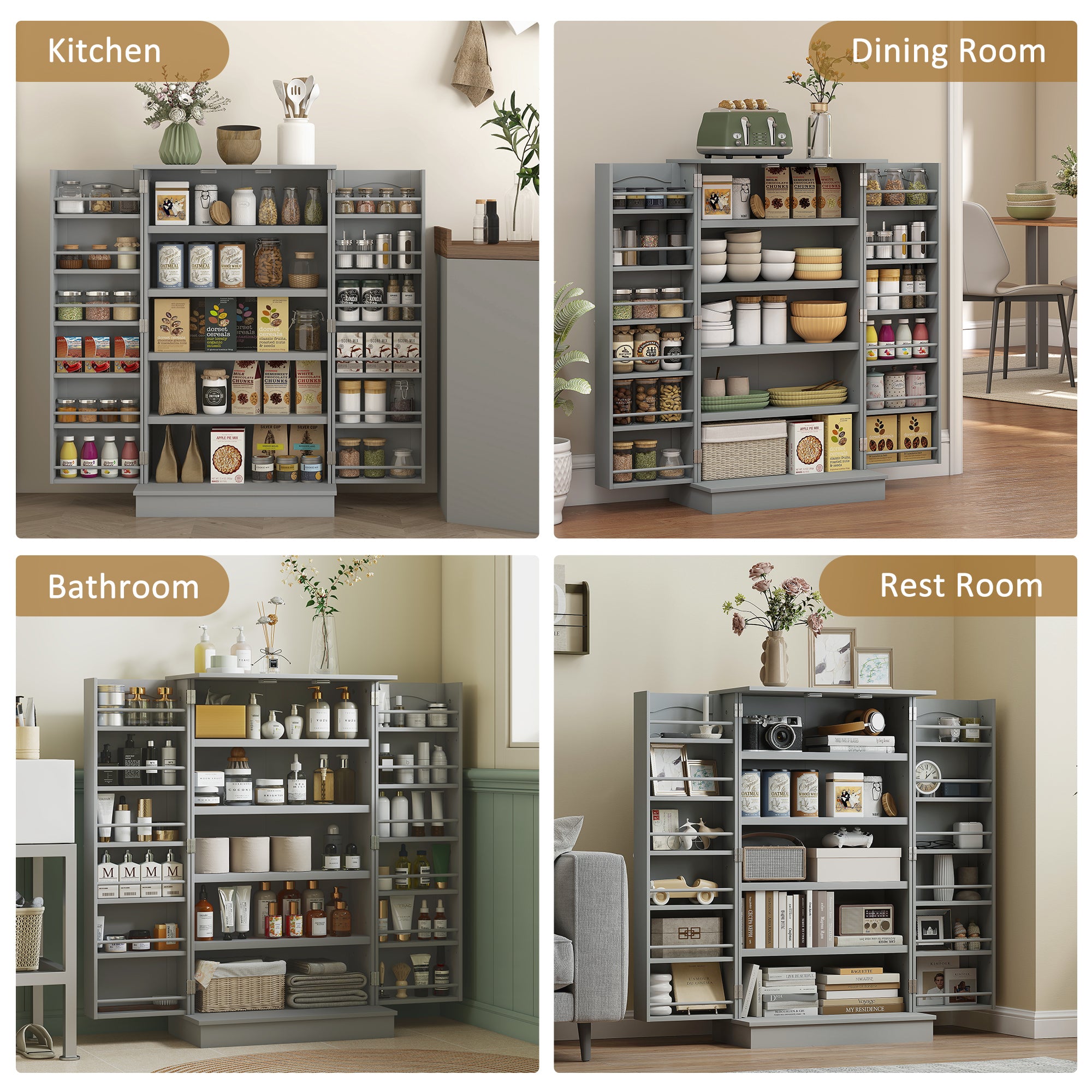 Gray Pantry Cabinet, 5-Tier Adjustable Storage for Kitchen, 12 Door Shelves, Double Doors, Gray