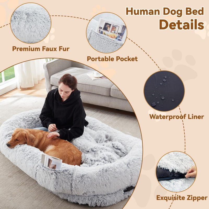 Human Dog Bed, 63''x31.4''x9.5'' Size Fits You And Pets, Washable Faux Fur Dog Bed For People Doze Off, Napping Orthopedic Dog Bed, Present Plump Pillow, Blanket, Strap - Grey