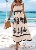 2026 NEW SUMMER Palace Style Printed Square Neck Dress, Elegant Lace Printed Hem, Soft Elastic Body Shaping, Slip Dress, Sleeveless Dress, Suitable For SUMMER, Women's Wear