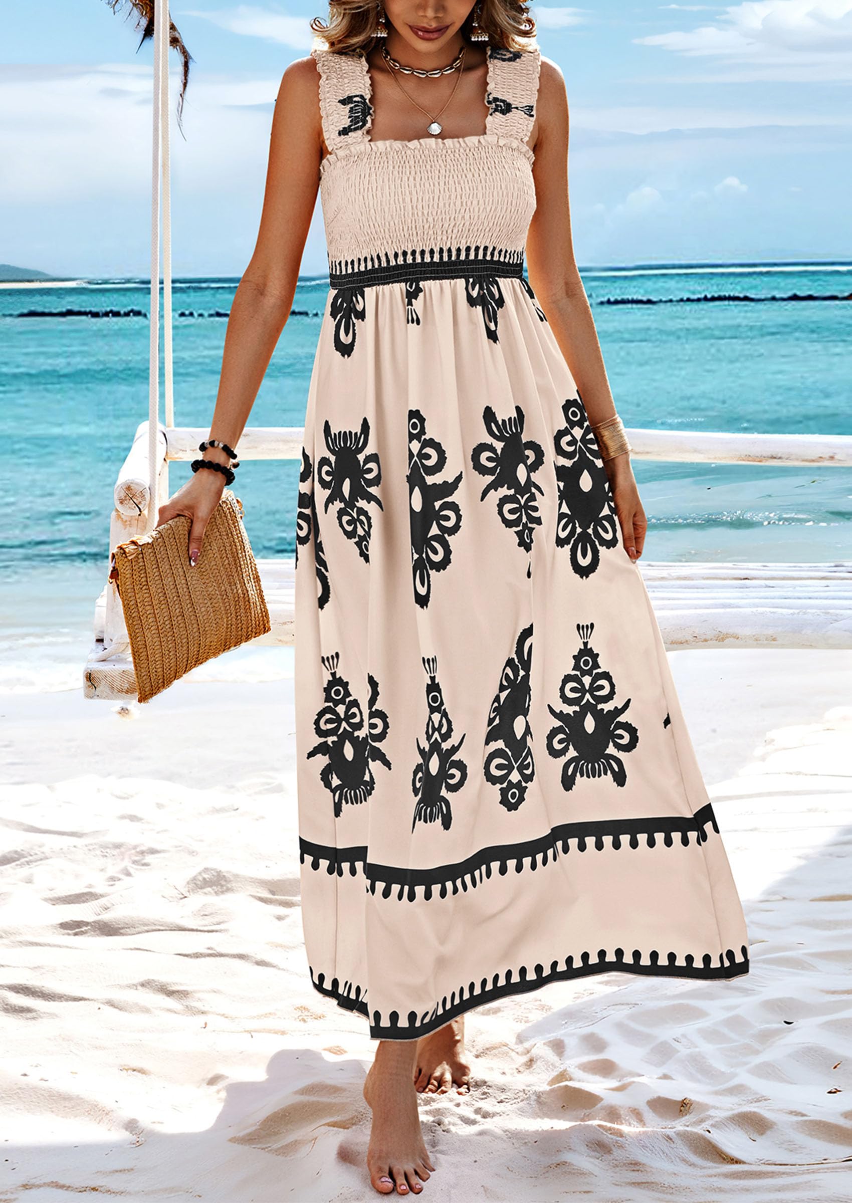 2026 NEW SUMMER Palace Style Printed Square Neck Dress, Elegant Lace Printed Hem, Soft Elastic Body Shaping, Slip Dress, Sleeveless Dress, Suitable For SUMMER, Women's Wear