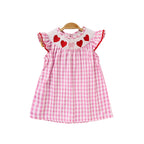 Infant Baby Girls' Valentine's Day Dress Pink Plaid With Heart Embroidery, Smocked Ruffle Sleeves