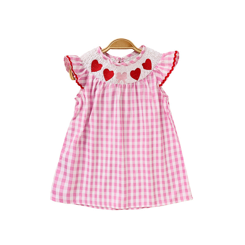 Infant Baby Girls' Valentine's Day Dress Pink Plaid With Heart Embroidery, Smocked Ruffle Sleeves