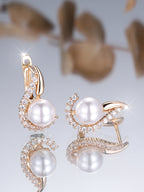 Champagne Gold Pearl-Inlaid Round White Diamond Earrings For Women