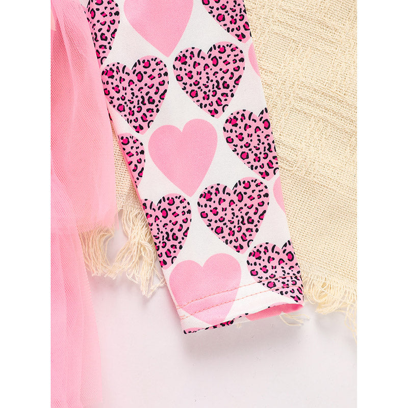 Toddler Girls Outfits Long Sleeve Graphic Heart Print Mesh Tulle Dress Valentine Birthday Party Dresses