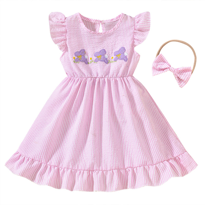 Toddler Girl's Bunny Embroidered Dress, Round Neck Short Sleeve A-Line Dress With Back Button Closure