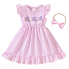 Toddler Girl's Bunny Embroidered Dress, Round Neck Short Sleeve A-Line Dress With Back Button Closure