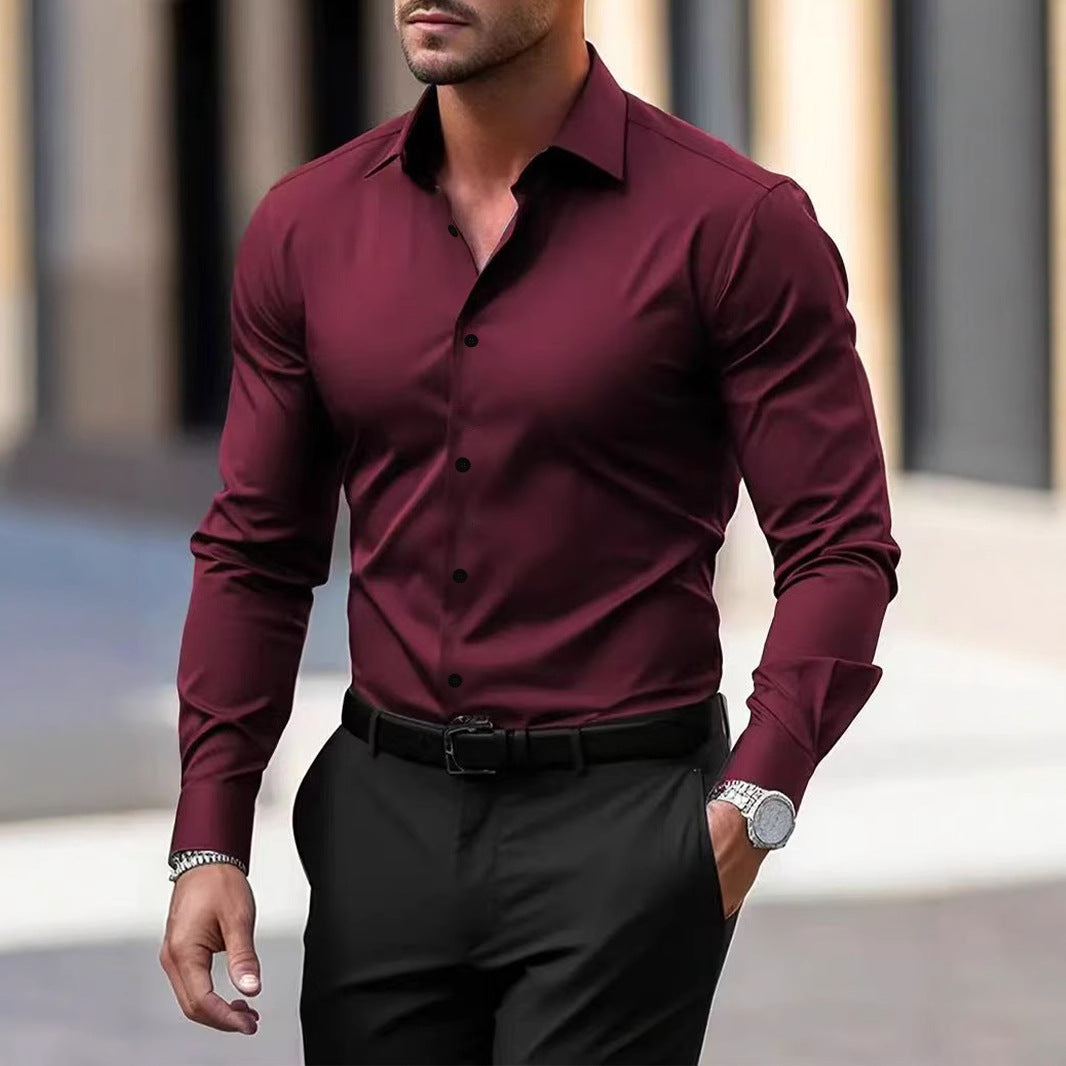 Men's Shirt Business Button Down Shirt Summer Solid Color Long Sleeve Lapel Vacation Shirt