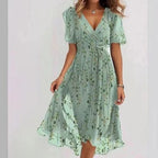 Chiffon Printed Short Sleeve Dress Summer Elegant V-neck Dress Women Clothing