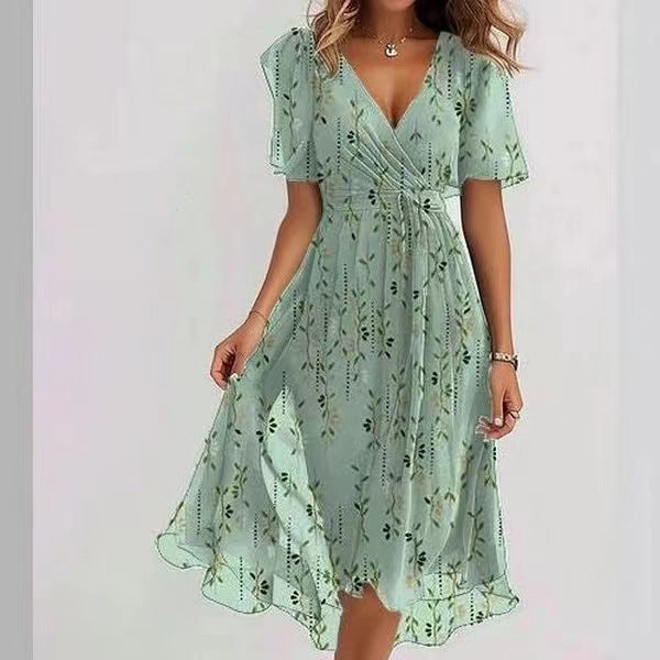 Chiffon Printed Short Sleeve Dress Summer Elegant V-neck Dress Women Clothing