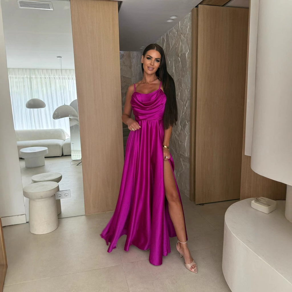 Summer Off-shoulder Solid-color Pleated Split Slip Dress