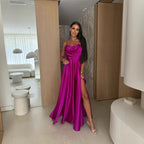 Summer Off-shoulder Solid-color Pleated Split Slip Dress