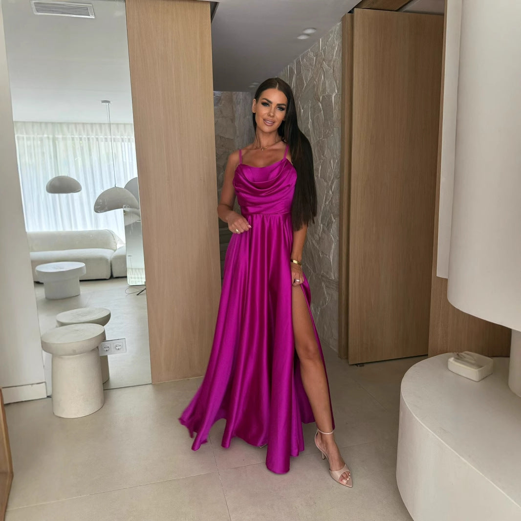 Summer Off-shoulder Solid-color Pleated Split Slip Dress