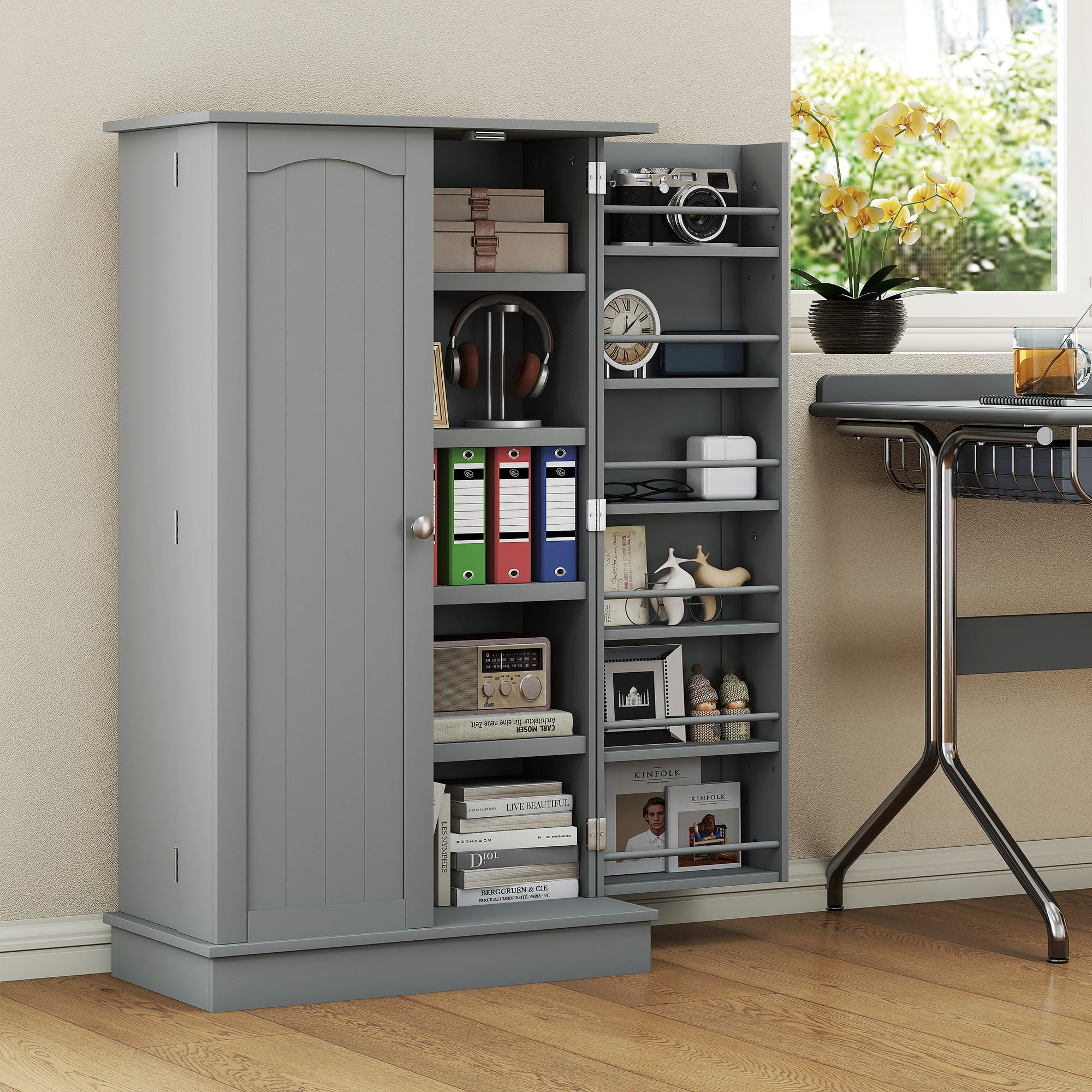Gray Pantry Cabinet, 5-Tier Adjustable Storage for Kitchen, 12 Door Shelves, Double Doors, Gray