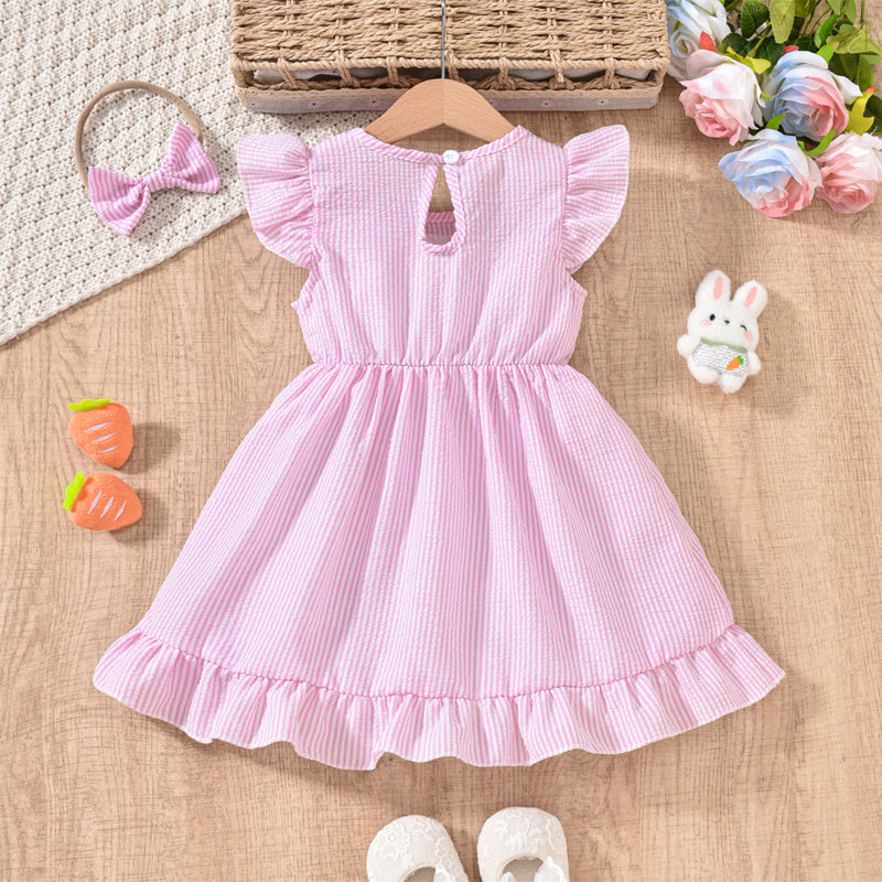 Toddler Girl's Bunny Embroidered Dress, Round Neck Short Sleeve A-Line Dress With Back Button Closure