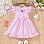 Toddler Girl's Bunny Embroidered Dress, Round Neck Short Sleeve A-Line Dress With Back Button Closure
