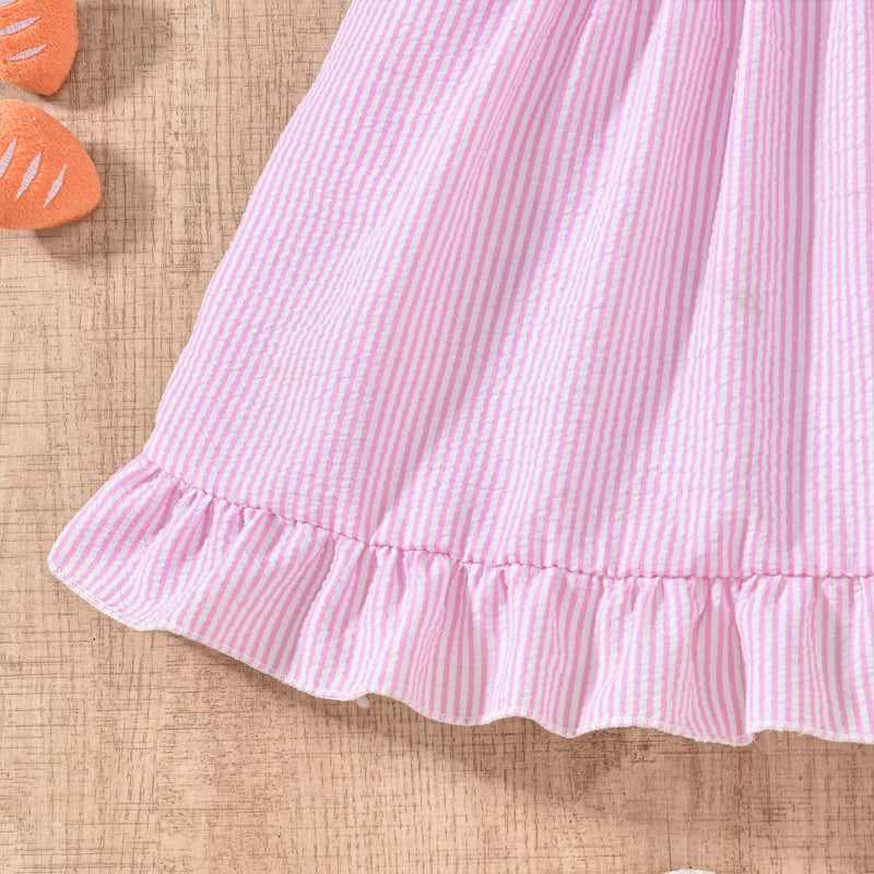 Toddler Girl's Bunny Embroidered Dress, Round Neck Short Sleeve A-Line Dress With Back Button Closure