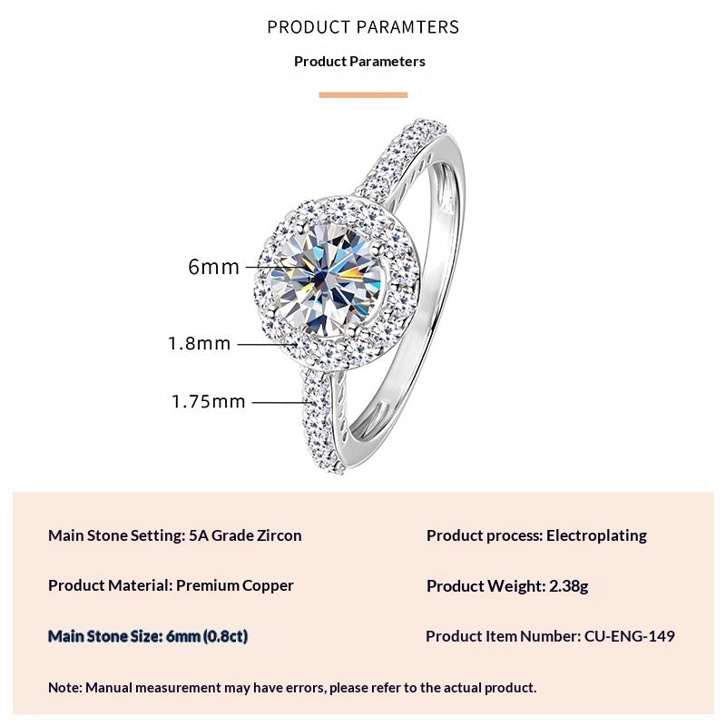 Fashionable, Light-luxury, Versatile, Niche Ring Featuring Faux Moissanite With A Four-prong Zircon Setting And Electroplated Finish