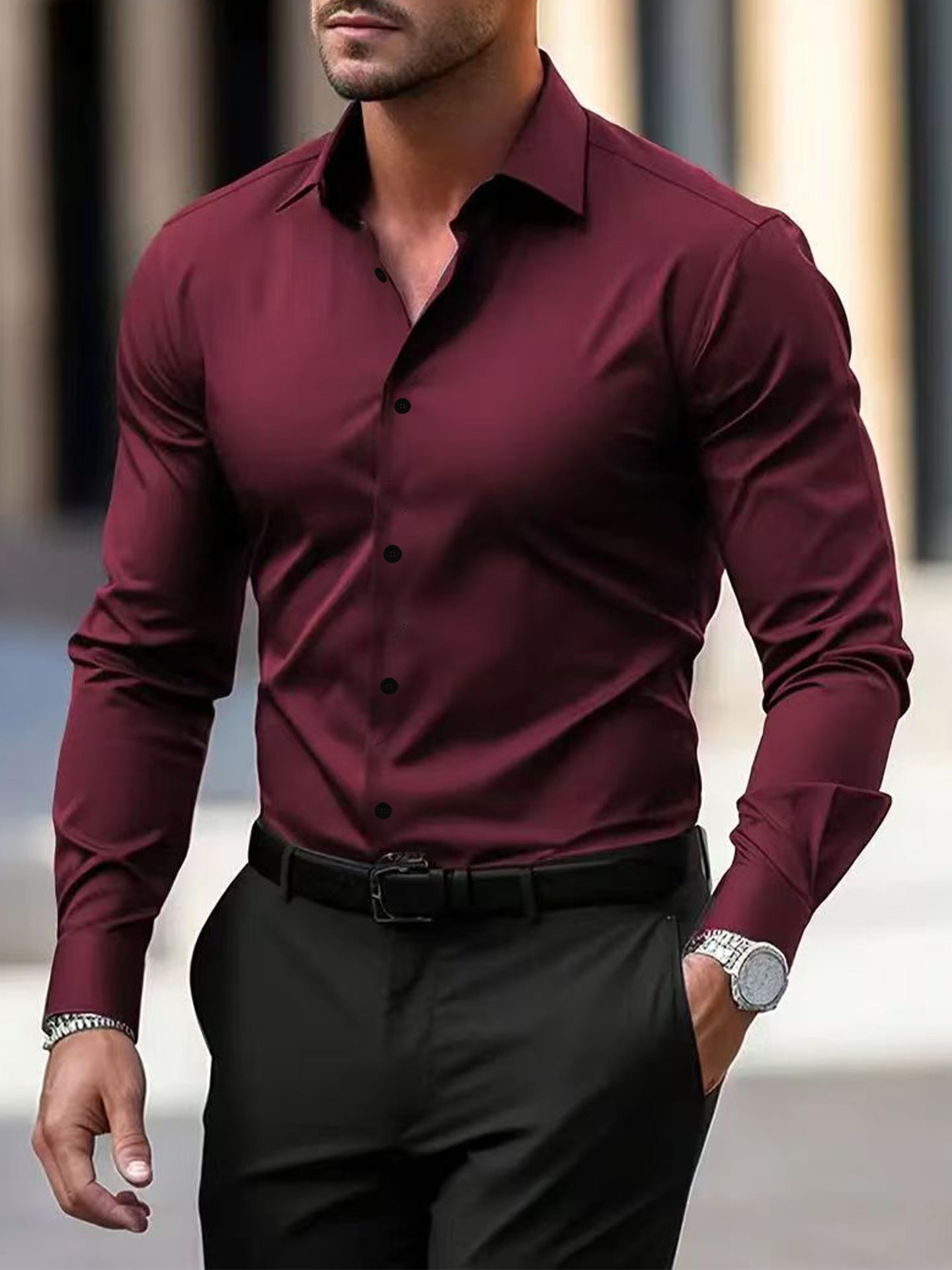 Men's Shirt Business Button Down Shirt Summer Solid Color Long Sleeve Lapel Vacation Shirt