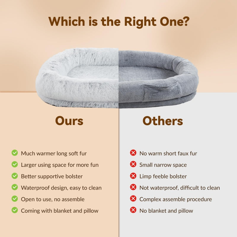 Human Dog Bed, 63''x31.4''x9.5'' Size Fits You And Pets, Washable Faux Fur Dog Bed For People Doze Off, Napping Orthopedic Dog Bed, Present Plump Pillow, Blanket, Strap - Grey