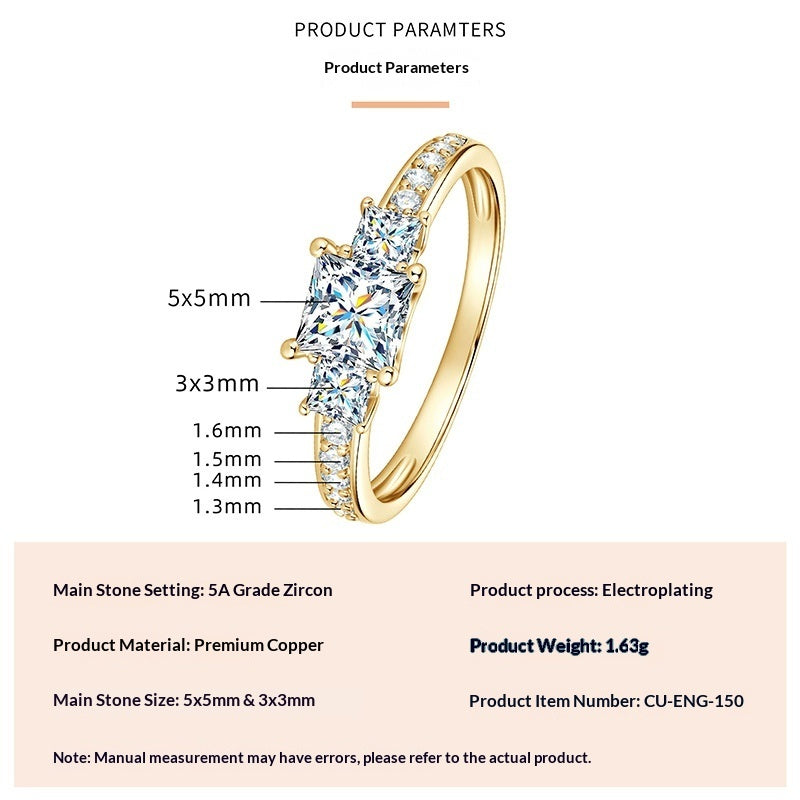 Fashionable, Light-luxury, Versatile, Niche Ring Featuring Faux Moissanite With A Four-prong Zircon Setting And Electroplated Finish