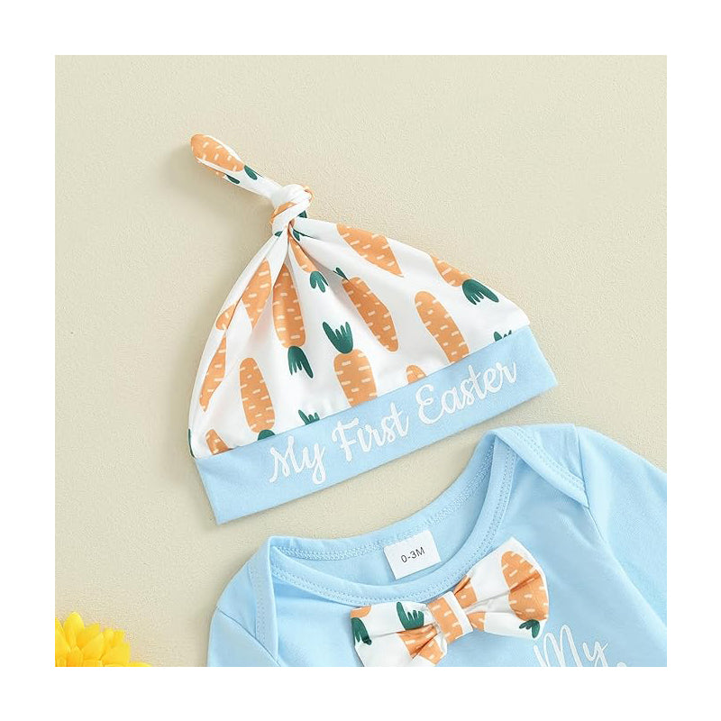 3pcs Set Baby Costume Set, Long Sleeved Letter Rabbit Print Jumpsuit, Carrot Print Suspender Pants, Hat Set