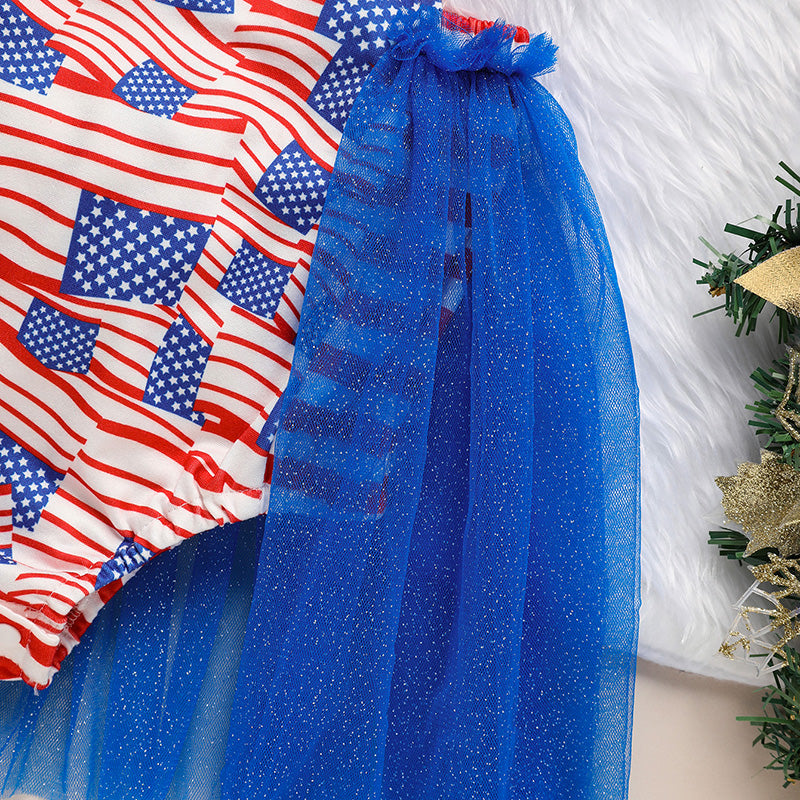 Baby's Independence Day Style Flag Pattern Triangle Bodysuit, Casual Sleeveless Bowknot Romper