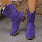 Pointed Toe Western Boots Fashion Retro Embroidered Chunky Square-heeled Mid-calf Boot For Women
