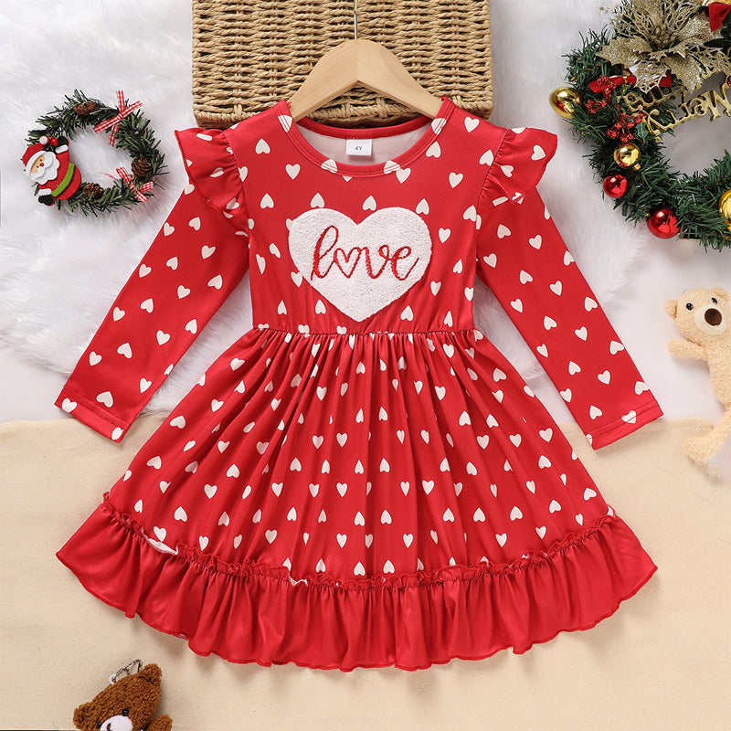 Toddler Girl's Cute 'LOVE' Embroidered Dress, Heart Print Long Sleeve A-Line Dress With Ruffle Hem