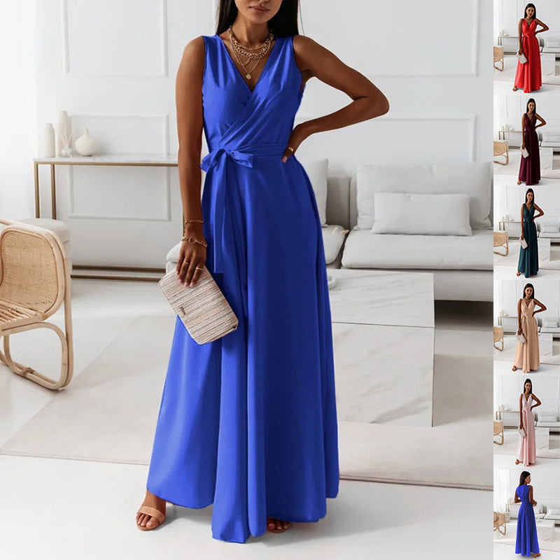 V-neck Sleeveless Dress With Belt Summer Fashion Party Club Evening Maxi Dress For Women Clothing