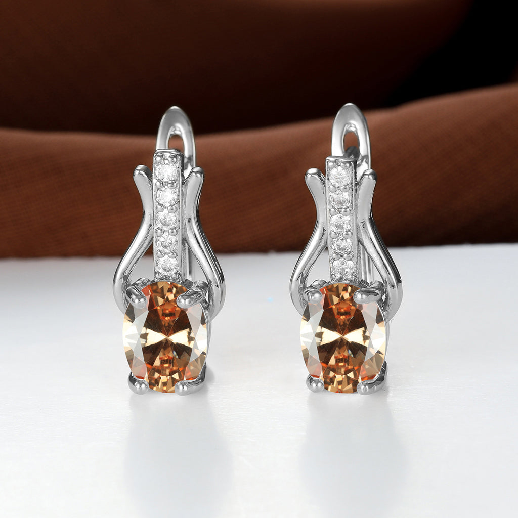 Oval Garnet Crystal Champagne Gold Ear Clips For Women