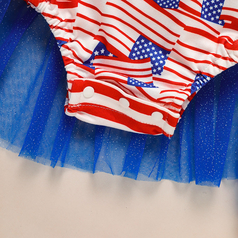 Baby's Independence Day Style Flag Pattern Triangle Bodysuit, Casual Sleeveless Bowknot Romper