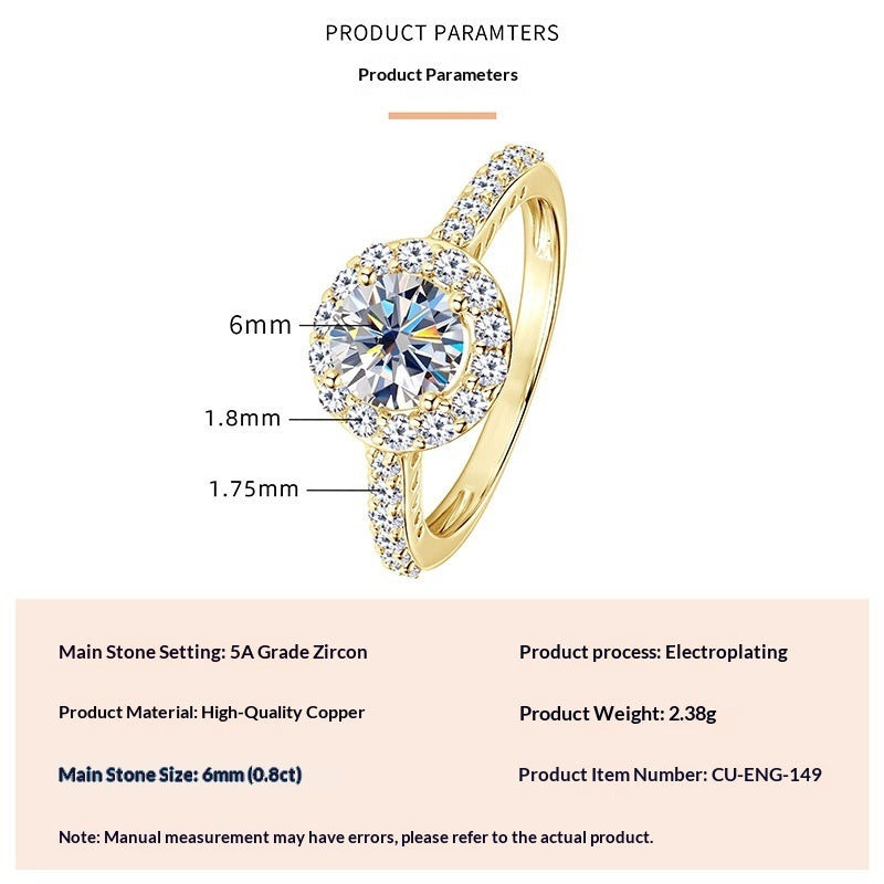 Fashionable, Light-luxury, Versatile, Niche Ring Featuring Faux Moissanite With A Four-prong Zircon Setting And Electroplated Finish