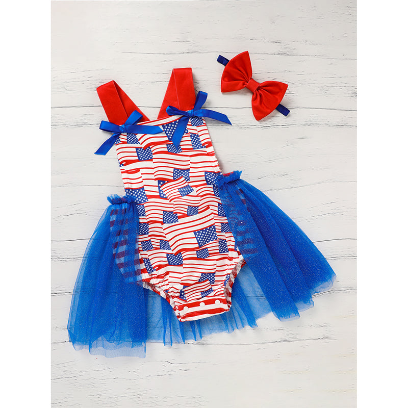 Baby's Independence Day Style Flag Pattern Triangle Bodysuit, Casual Sleeveless Bowknot Romper
