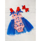 Baby's Independence Day Style Flag Pattern Triangle Bodysuit, Casual Sleeveless Bowknot Romper