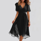 Chiffon Printed Short Sleeve Dress Summer Elegant V-neck Dress Women Clothing