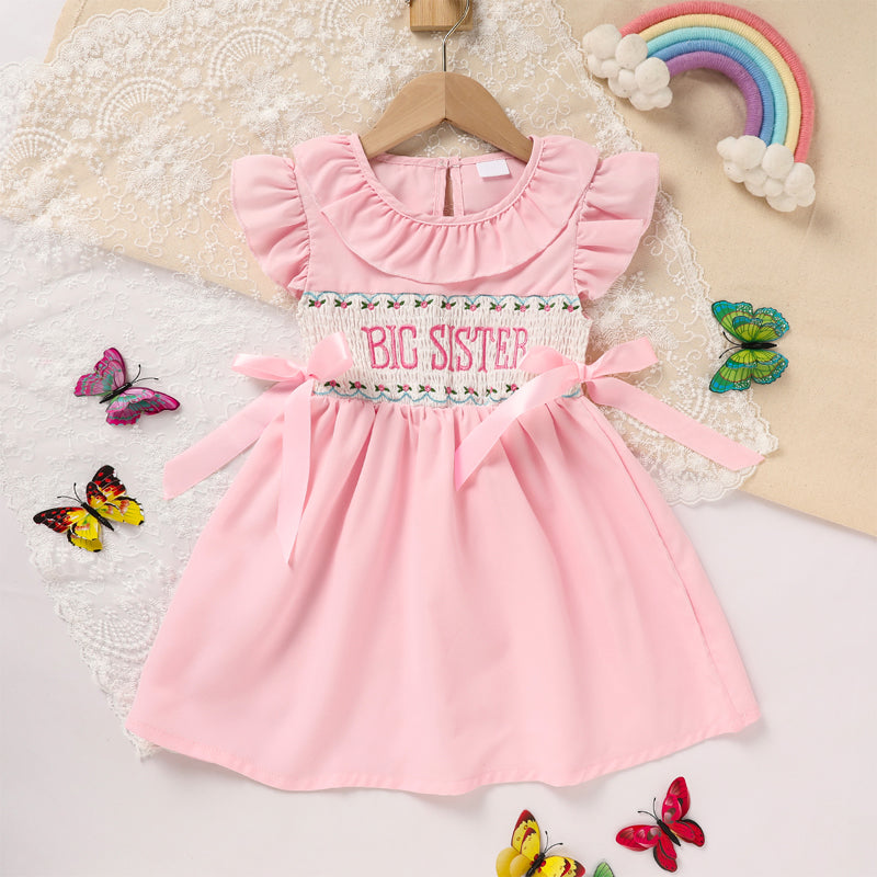 Toddler Girl's Pink Ruffle Sleeve Dress Letter Embroidery & Bow Detail With Back Button Closure