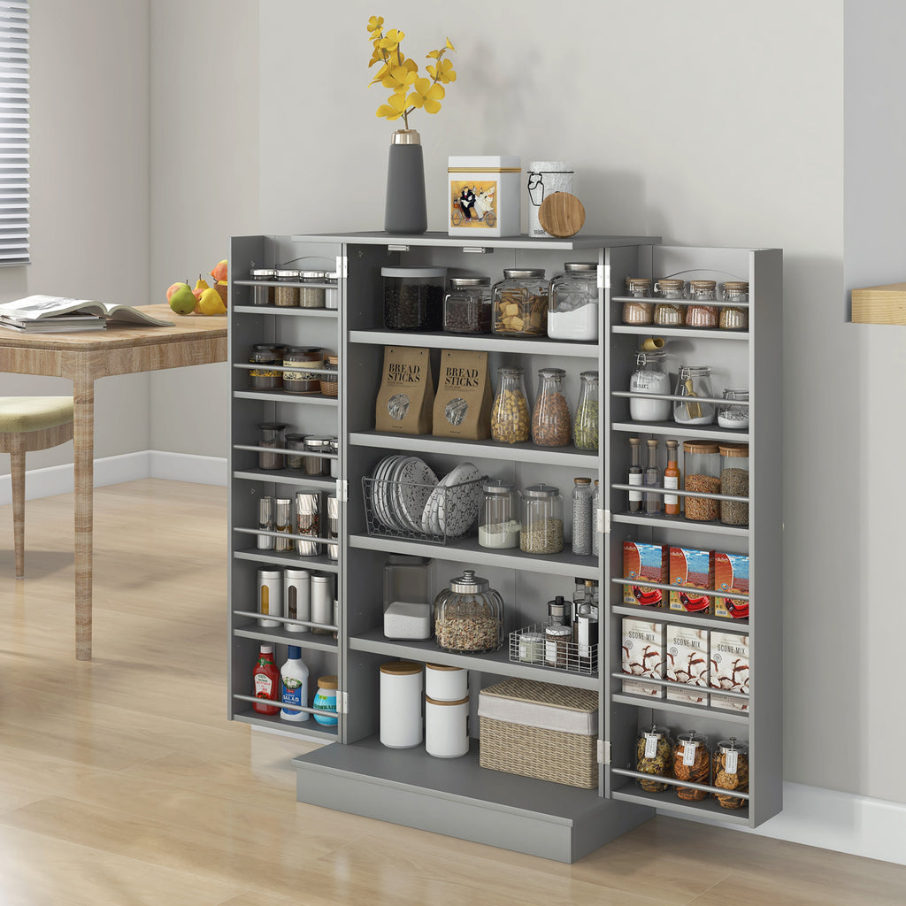 Gray Pantry Cabinet, 5-Tier Adjustable Storage for Kitchen, 12 Door Shelves, Double Doors, Gray