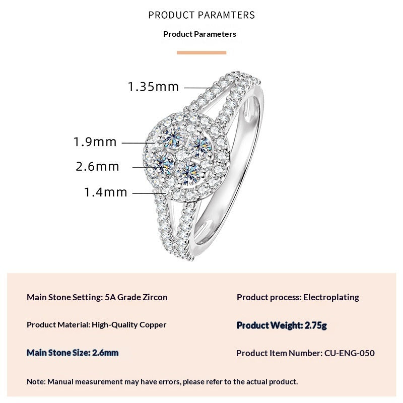 Fashionable, Light-luxury, Versatile, Niche Ring Featuring Faux Moissanite With A Four-prong Zircon Setting And Electroplated Finish