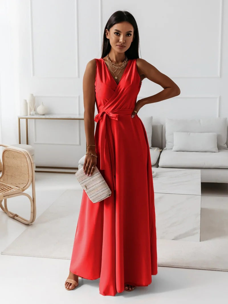 V-neck Sleeveless Dress With Belt Summer Fashion Party Club Evening Maxi Dress For Women Clothing