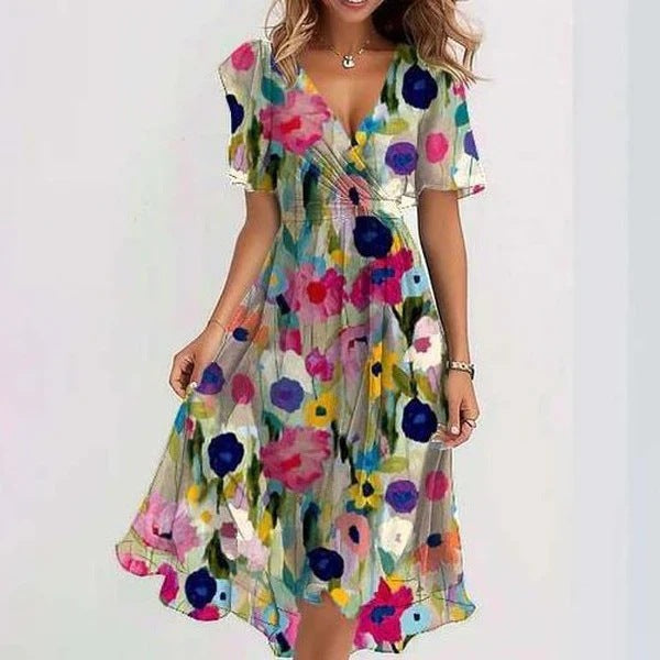 Chiffon Printed Short Sleeve Dress Summer Elegant V-neck Dress Women Clothing